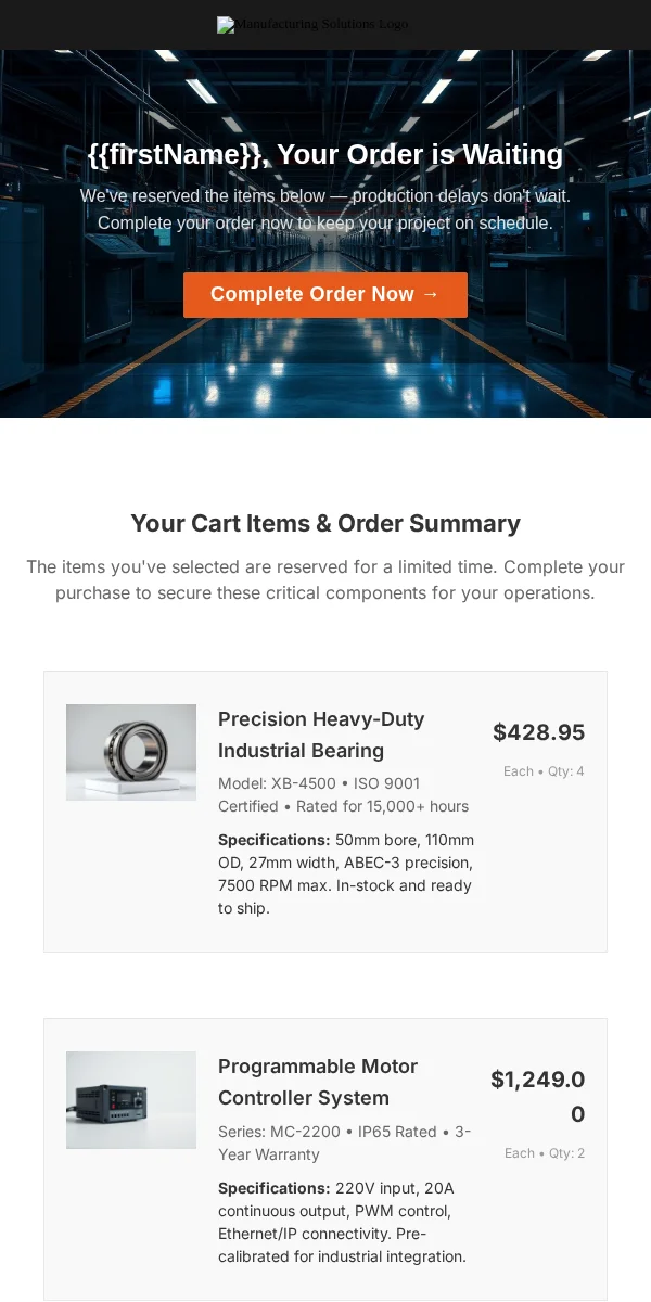 Abandoned Cart Email Template for Manufacturing Industrial