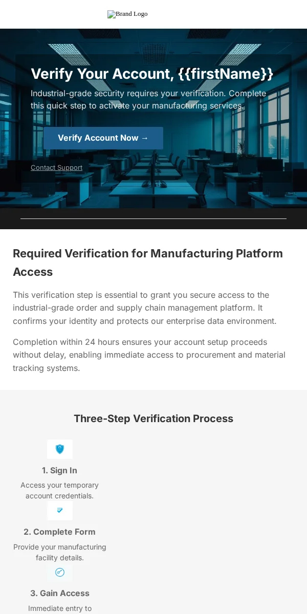 Account Verification Email Template for Manufacturing Industrial
