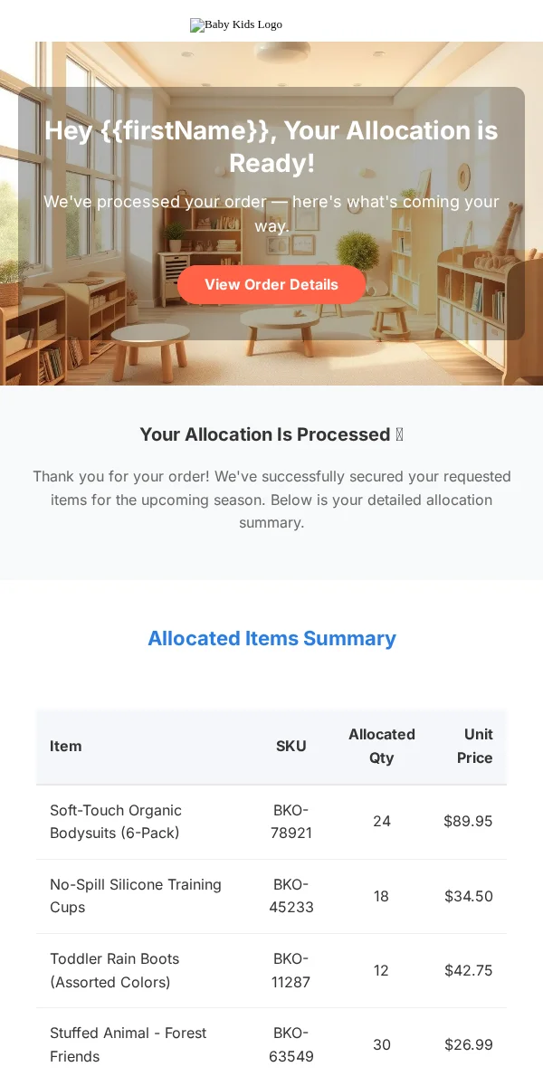 allocation notice email template for baby & kids brands