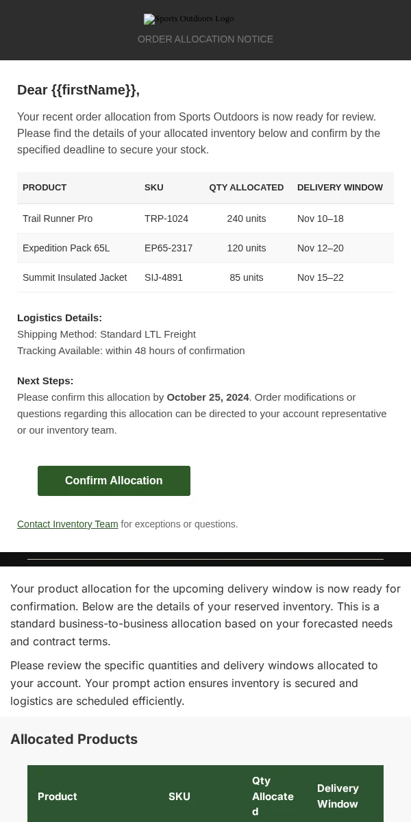 allocation notice email template for fitness & sports