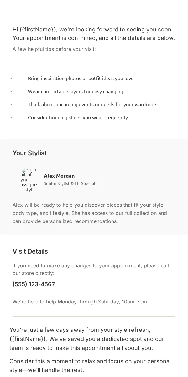 Appointment Reminder Email Template for Apparel Fashion