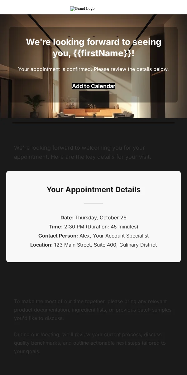 Appointment Reminder Email Template for Food Beverage