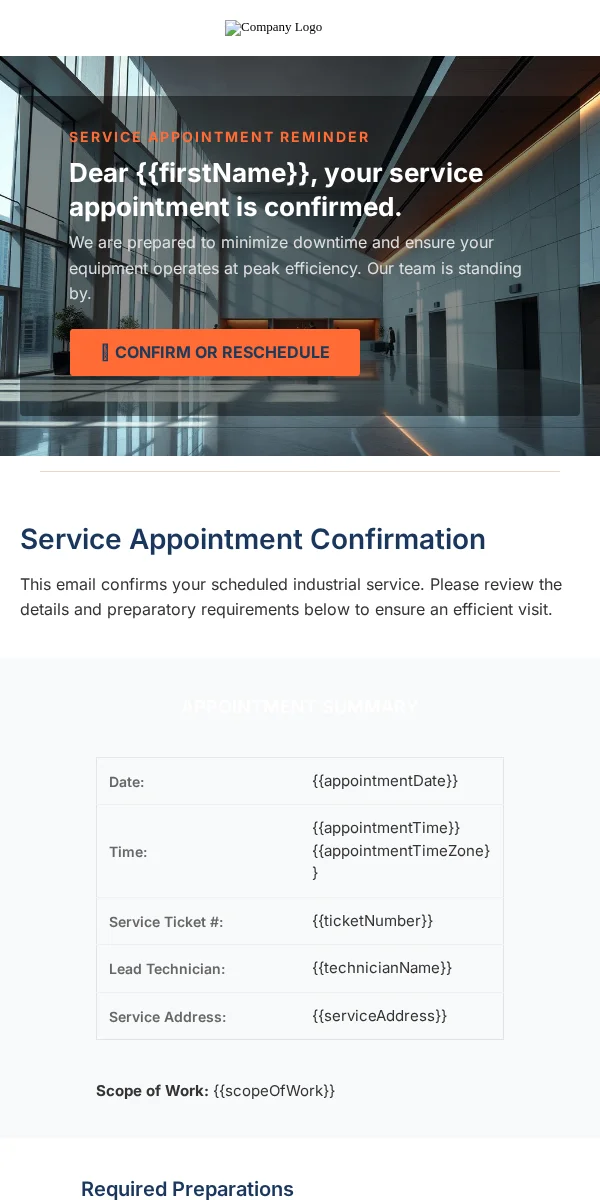 Appointment Reminder Email Template for Manufacturing Industrial