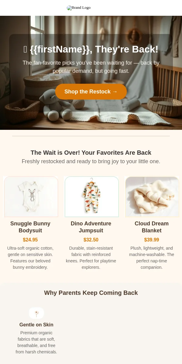 back in stock email template for baby & kids brands