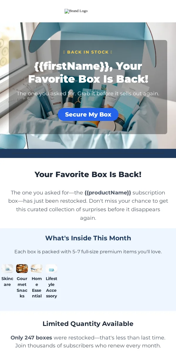 back in stock email template for subscription boxes