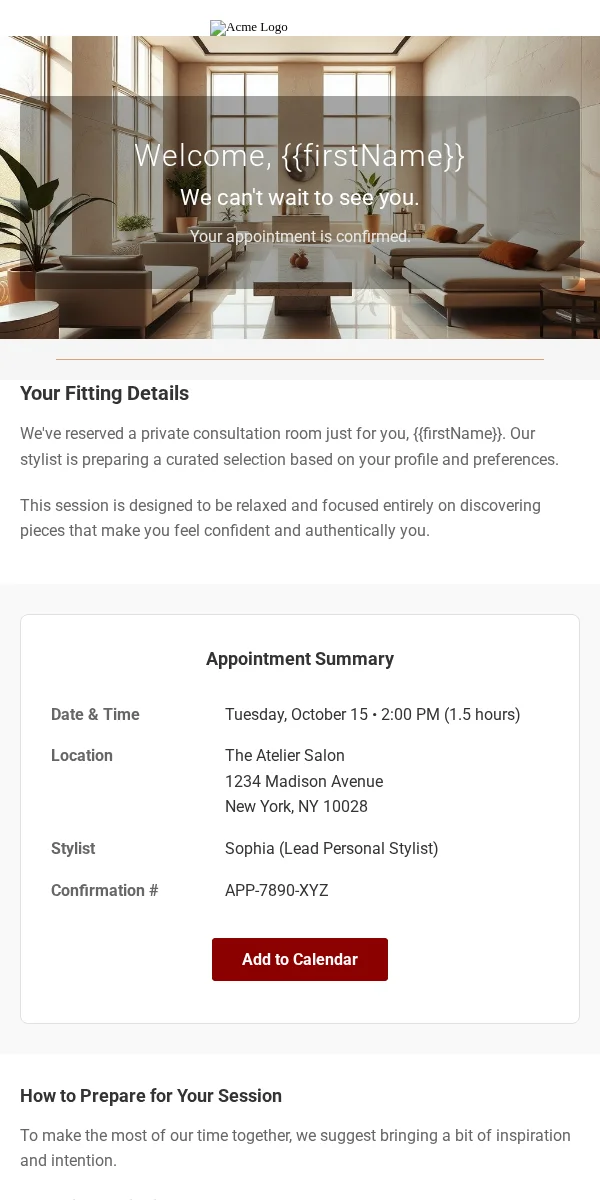 Booking Confirmation Email Template for Apparel Fashion