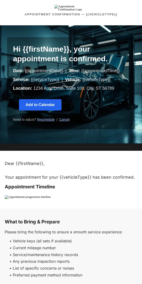 Booking Confirmation Email Template for Automotive