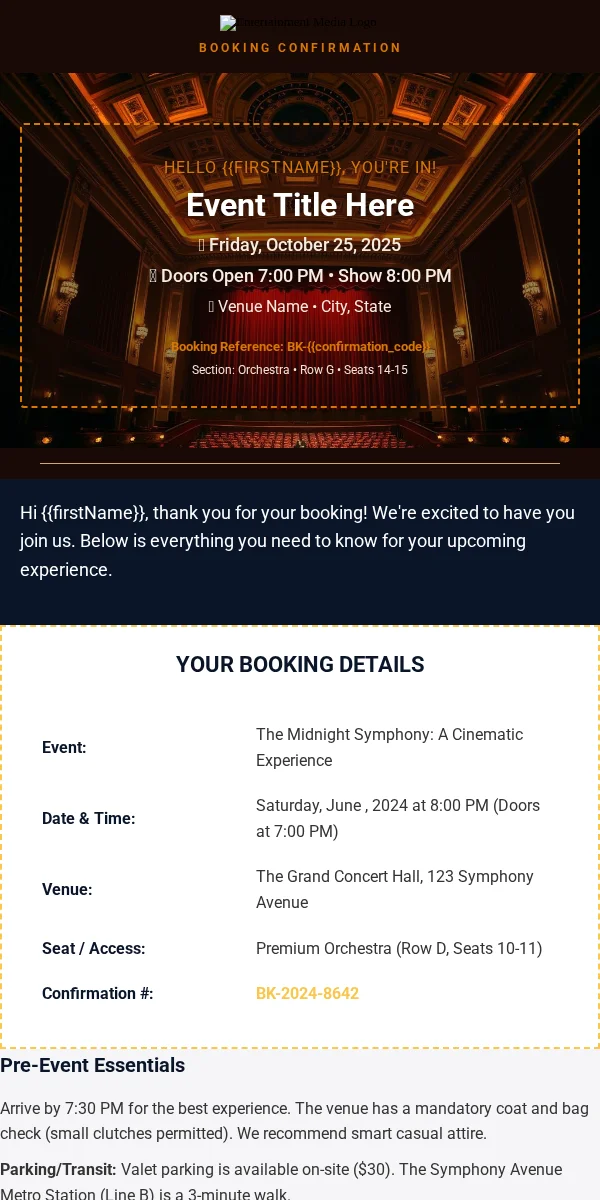 Booking Confirmation Email Template for Entertainment Media