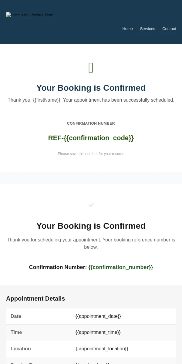 Booking Confirmation Email Template for Government Public