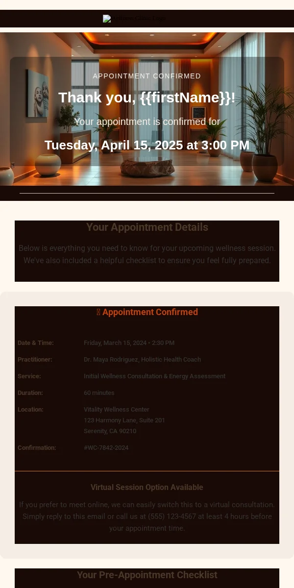 Booking Confirmation Email Template for Health Wellness