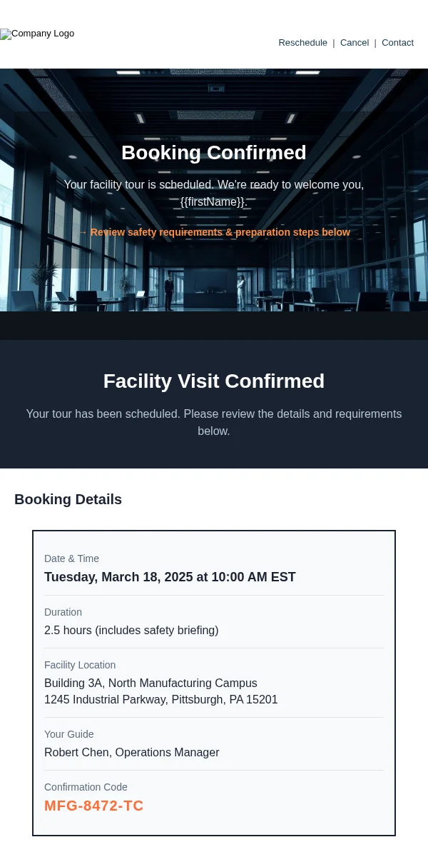 Booking Confirmation Email Template for Manufacturing Industrial