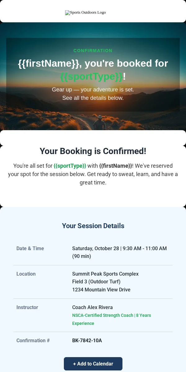 booking confirmation email template for fitness & sports