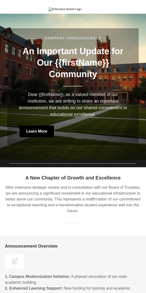 Company Announcement Email Template for Education