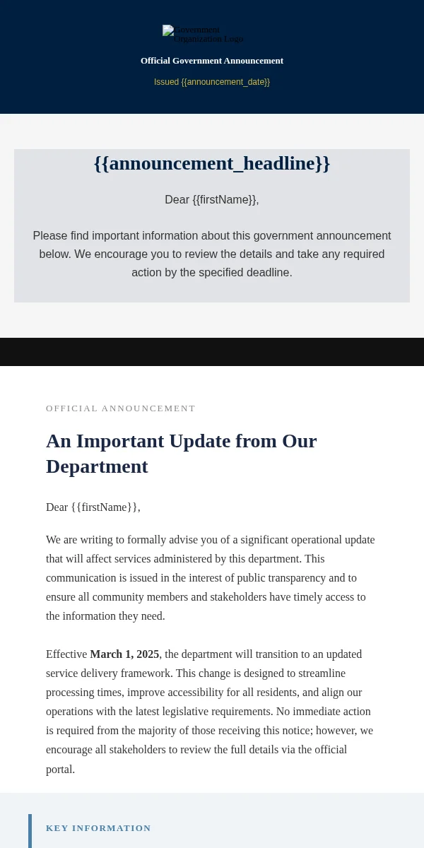 Company Announcement Email Template for Government Public