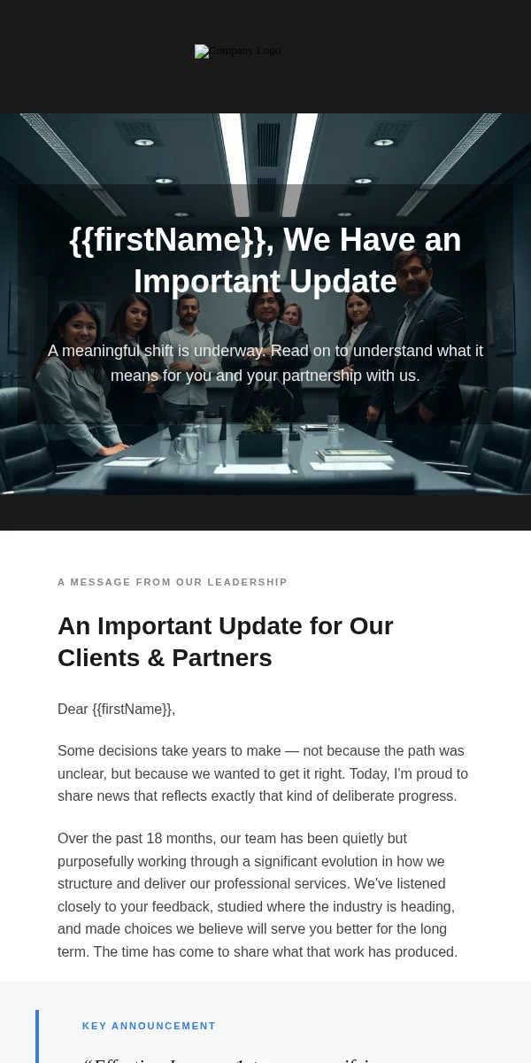 Company Announcement Email Template for Professional Services
