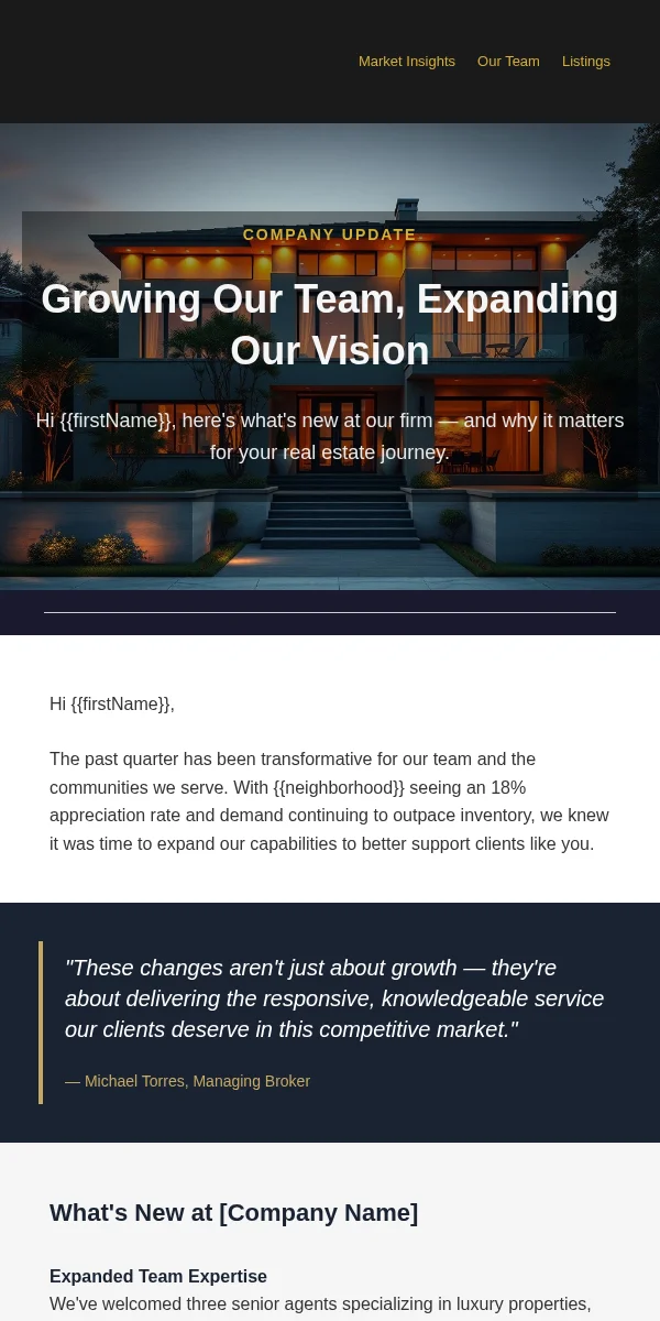 Company Update Email Template for Real Estate