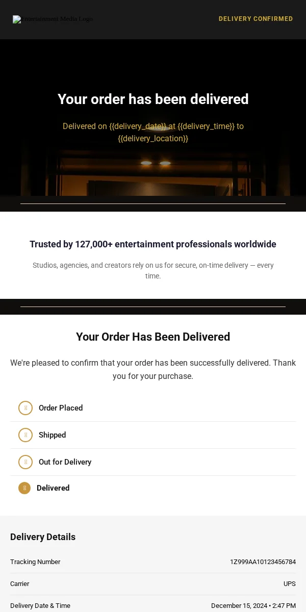 Delivery Confirmation Email Template for Entertainment Media