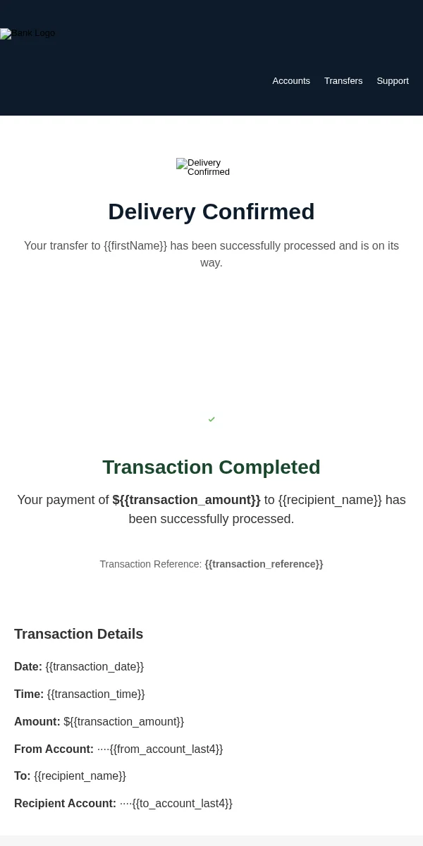 Delivery Confirmation Email Template for Finance Banking