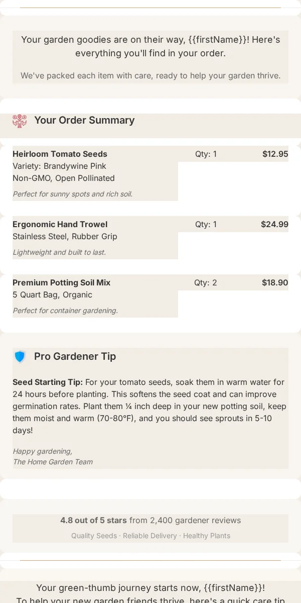 Delivery Confirmation Email Template for Home Garden