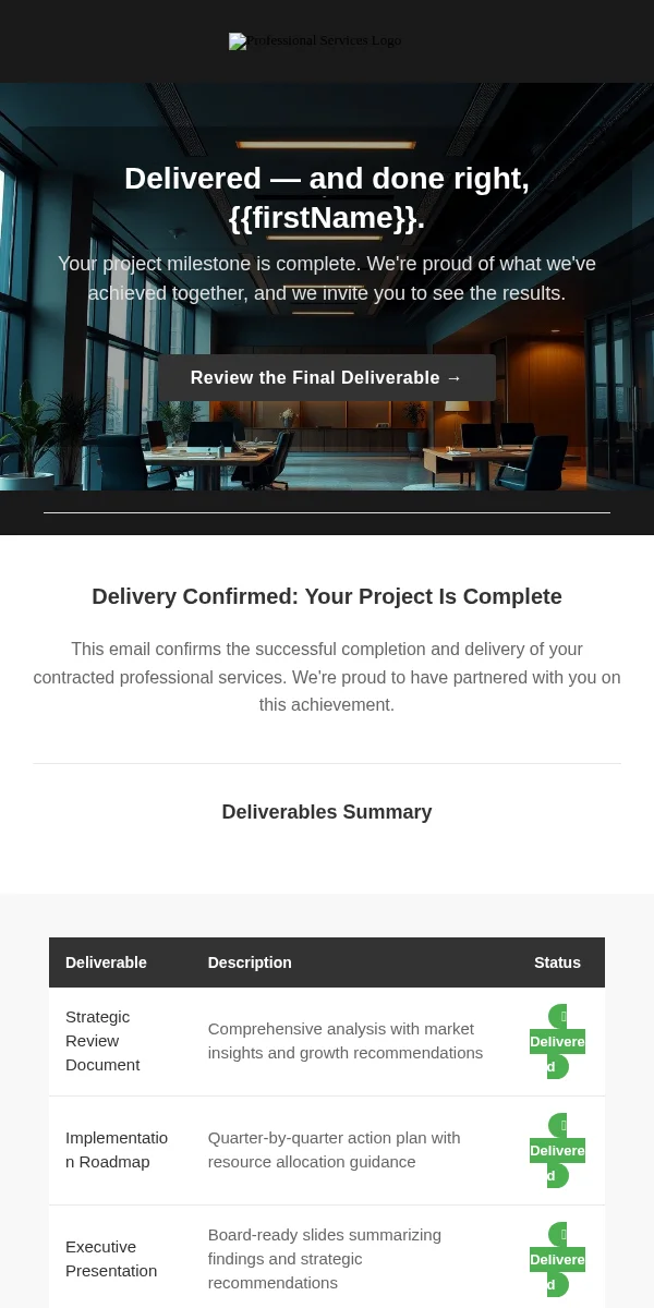 Delivery Confirmation Email Template for Professional Services