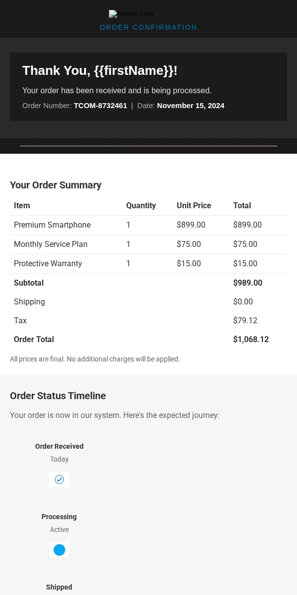 Delivery Confirmation Email Template for Telecommunications