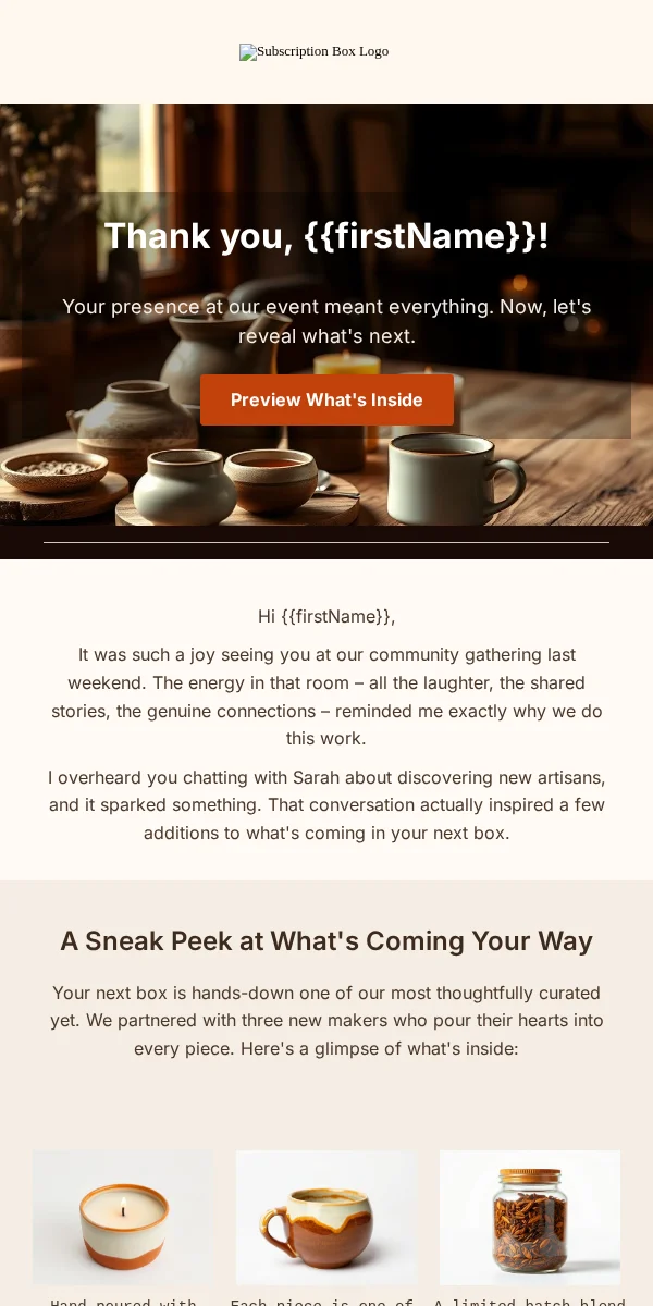 Event Followup Email Template for Subscription Boxes