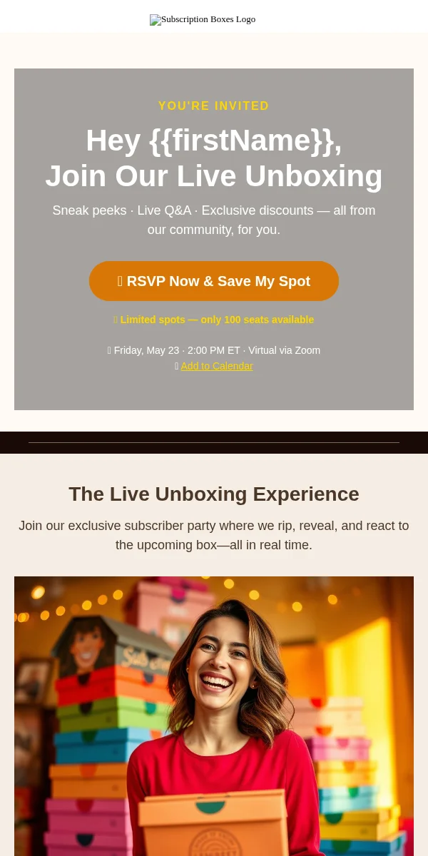 Event Invitation Email Template for Subscription Boxes