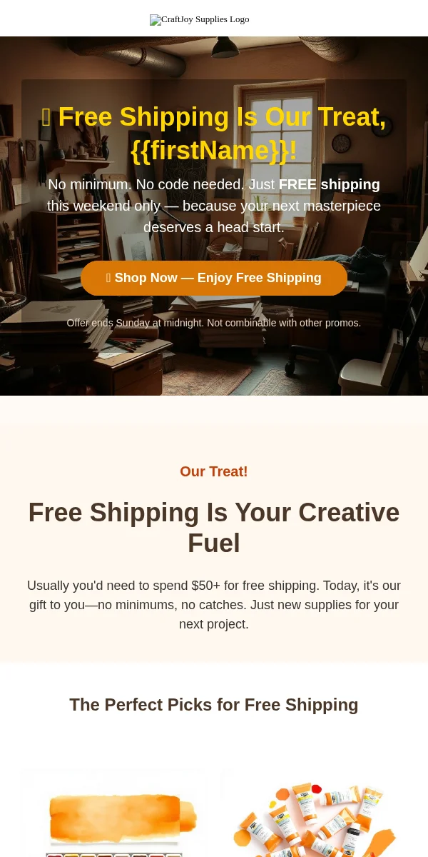 Free Shipping Offer Email Template for Arts Crafts