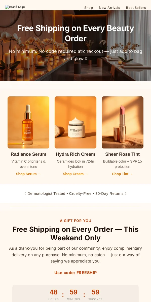 Free Shipping Offer Email Template for Beauty Cosmetics