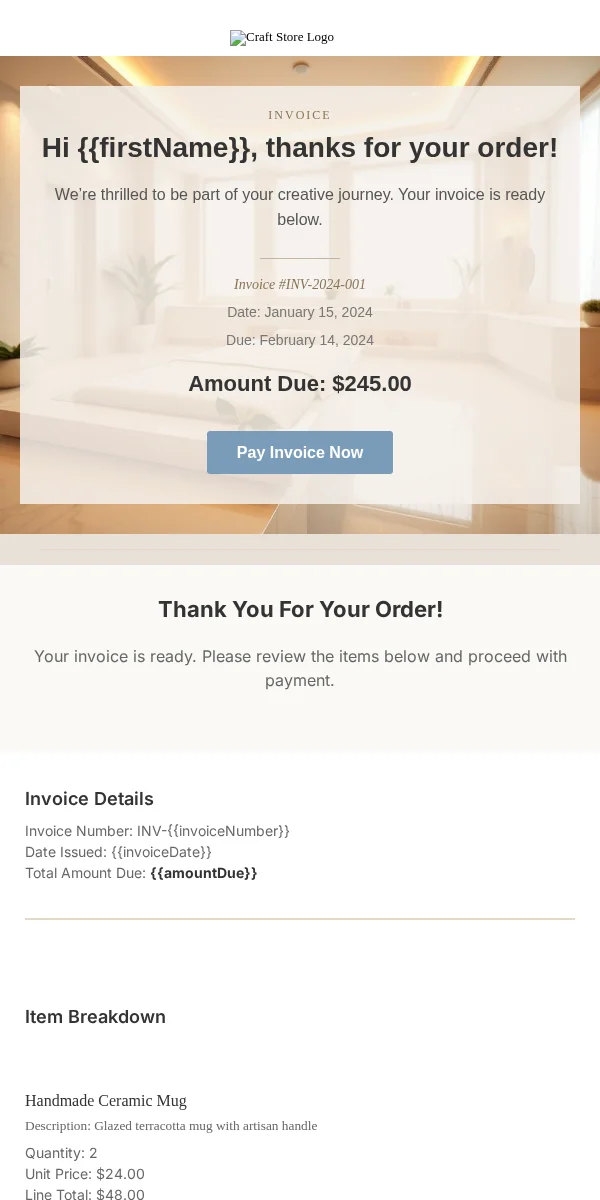 invoice email template for arts & crafts