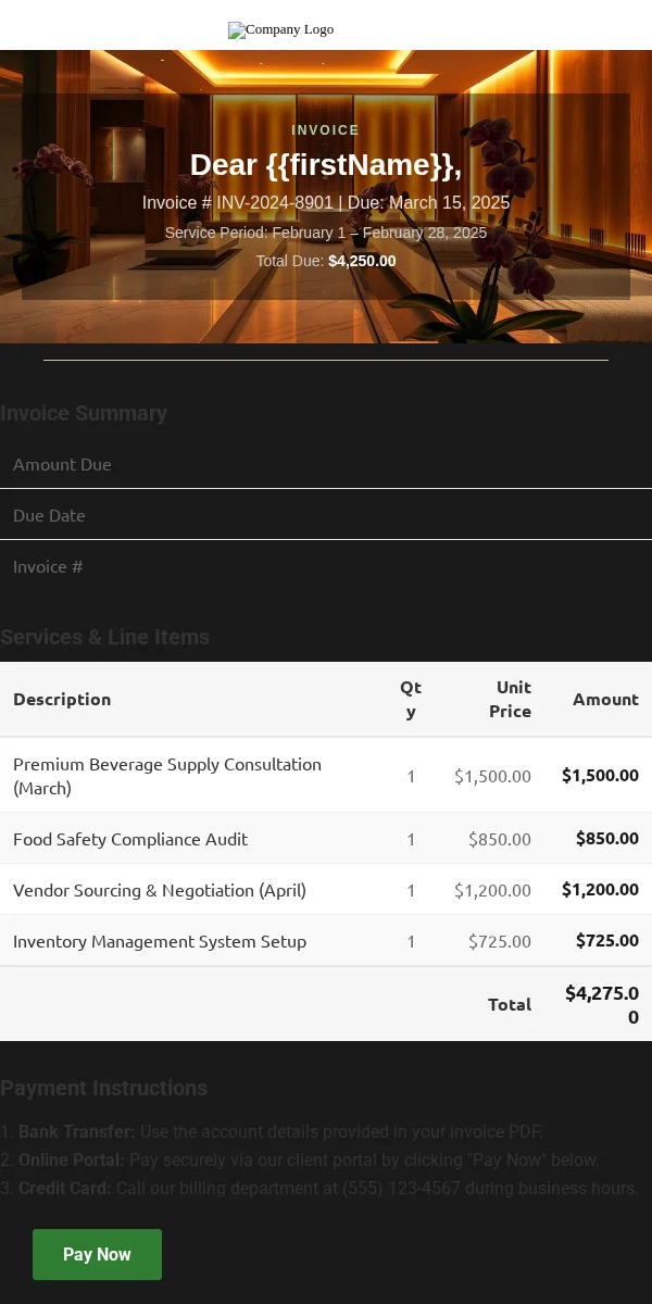 invoice email template for restaurants