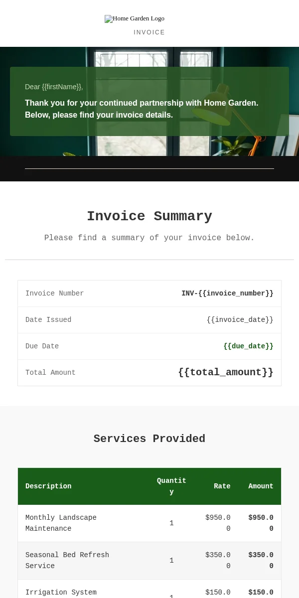 invoice email template for home & garden