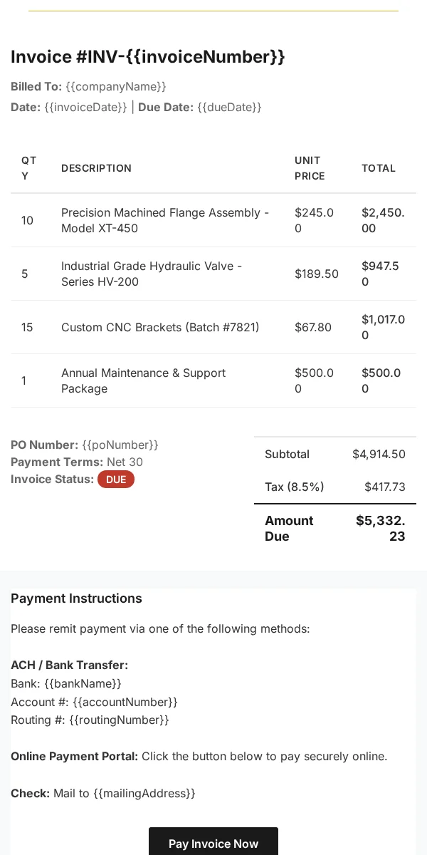 invoice email template for manufacturing