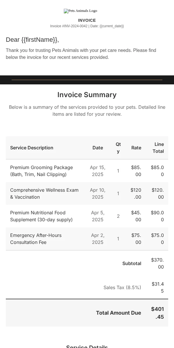 invoice email template for pet businesses