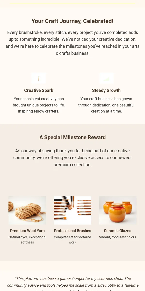 milestone celebration email template for arts & crafts