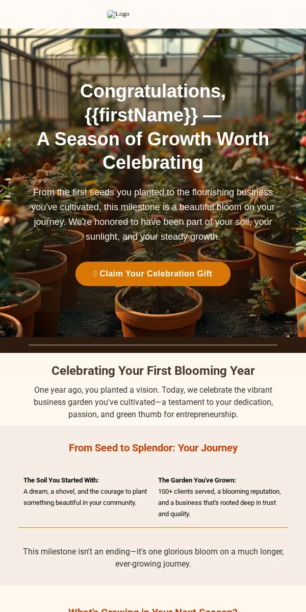 milestone celebration email template for home & garden