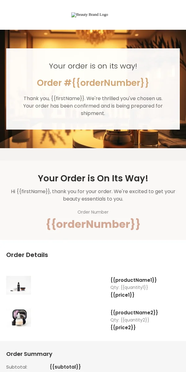 Order Confirmation Email Template for Beauty Cosmetics