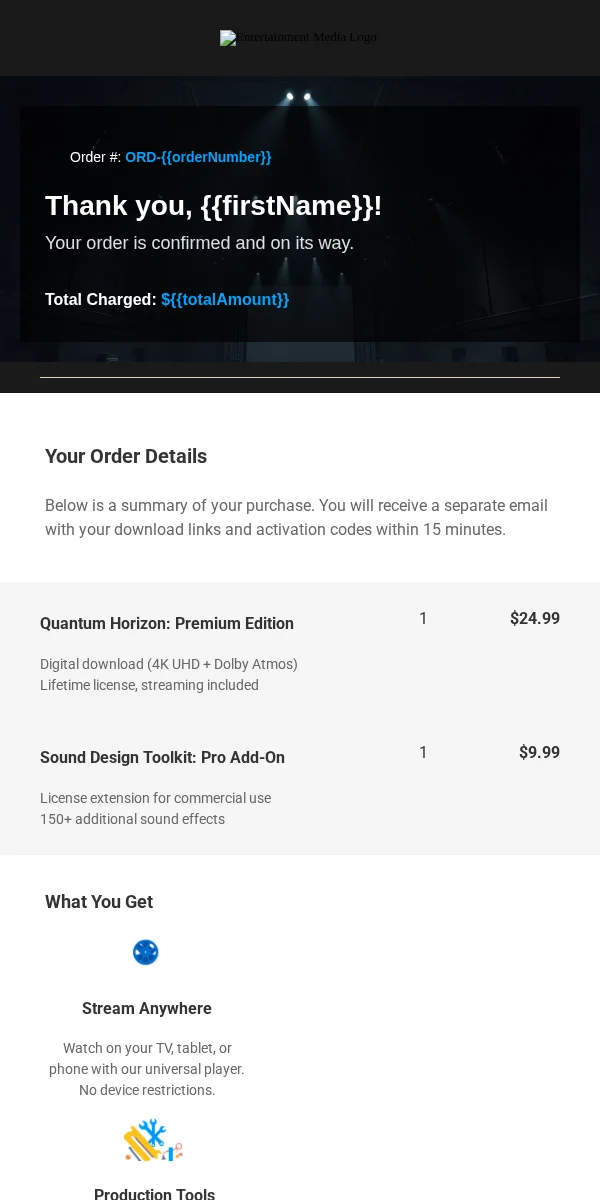 Order Confirmation Email Template for Entertainment Media