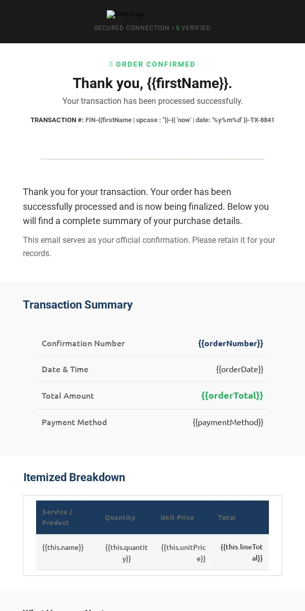 Order Confirmation Email Template for Finance Banking