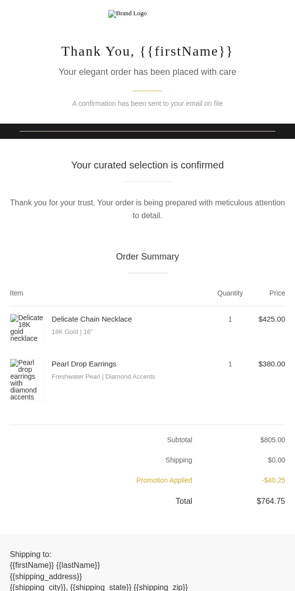Order Confirmation Email Template for Jewelry Accessories