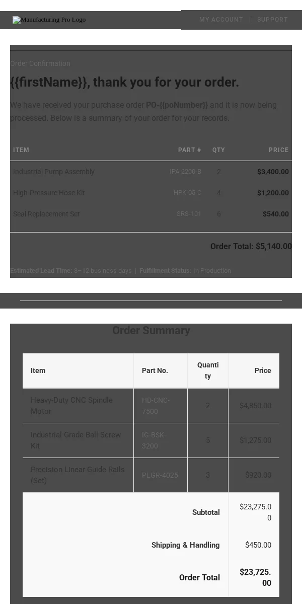 Order Confirmation Email Template for Manufacturing Industrial