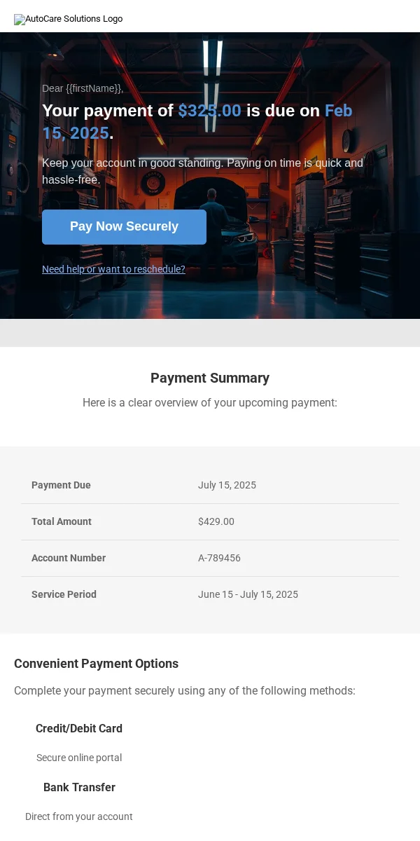 Payment Reminder Email Template for Automotive
