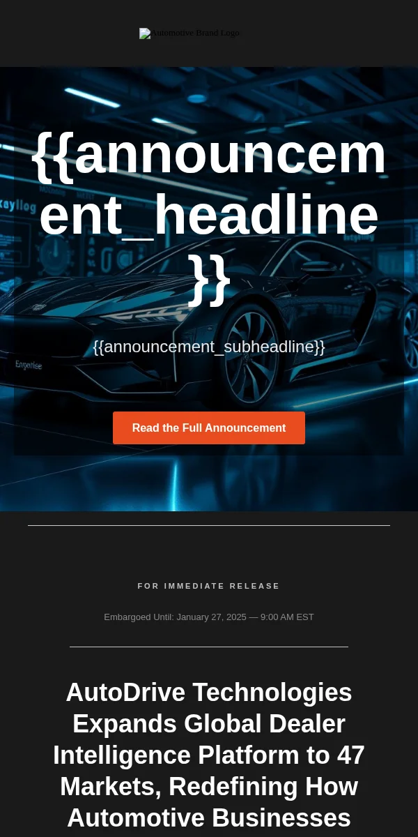 Press Release Email Template for Automotive