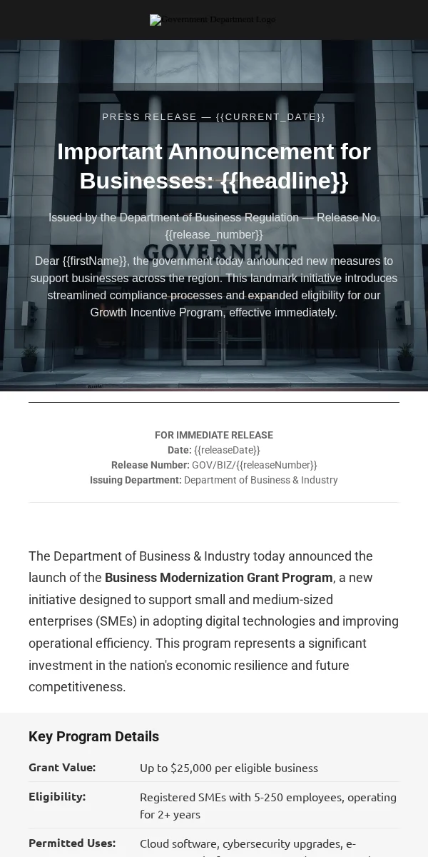 Press Release Email Template for Government Public
