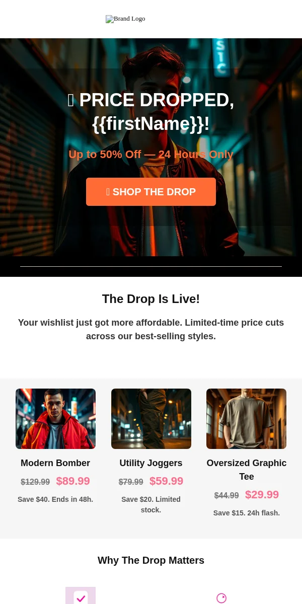 Price Drop Alert Email Template for Apparel Fashion