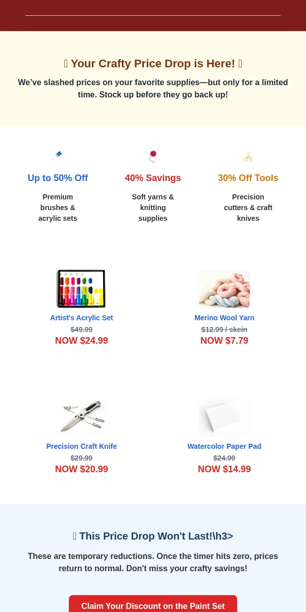 Price Drop Alert Email Template for Arts Crafts