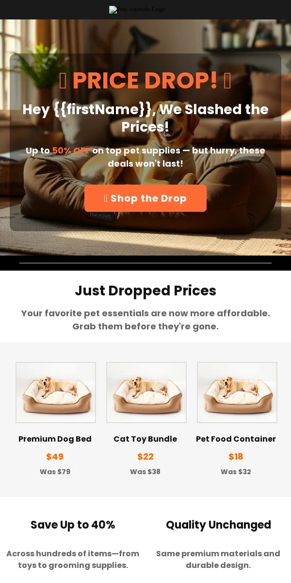 Price Drop Alert Email Template for Pets Animals