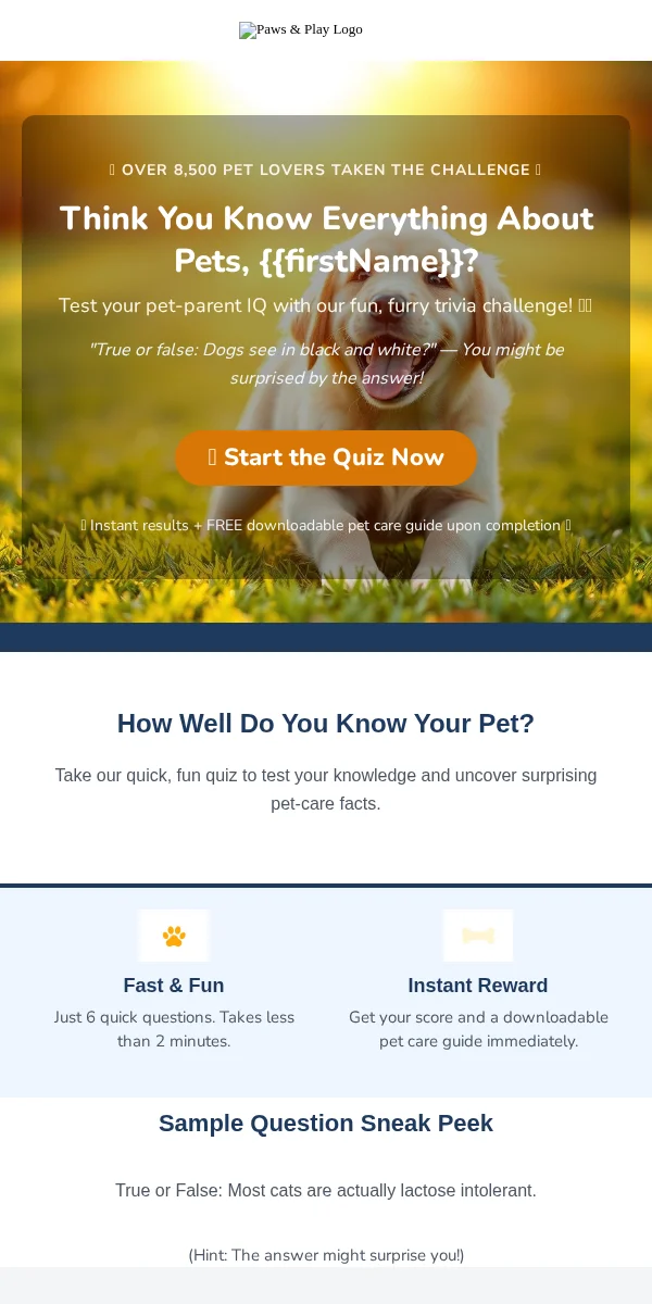 Quiz Email Template for Pets Animals
