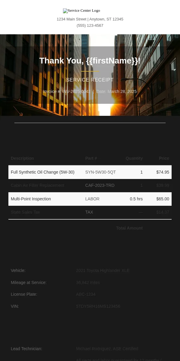 Receipt Email Template for Automotive