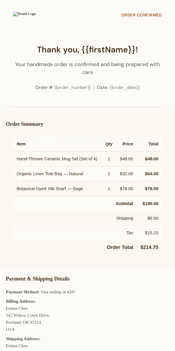 Receipt Email Template for Arts Crafts